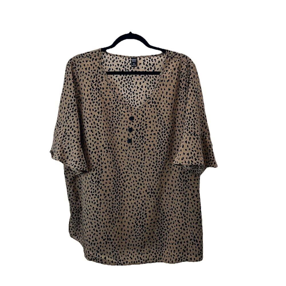 Emery Rose Cheetah Animal Print V Neck Flutter Sleeve Top Womens Size 2XL